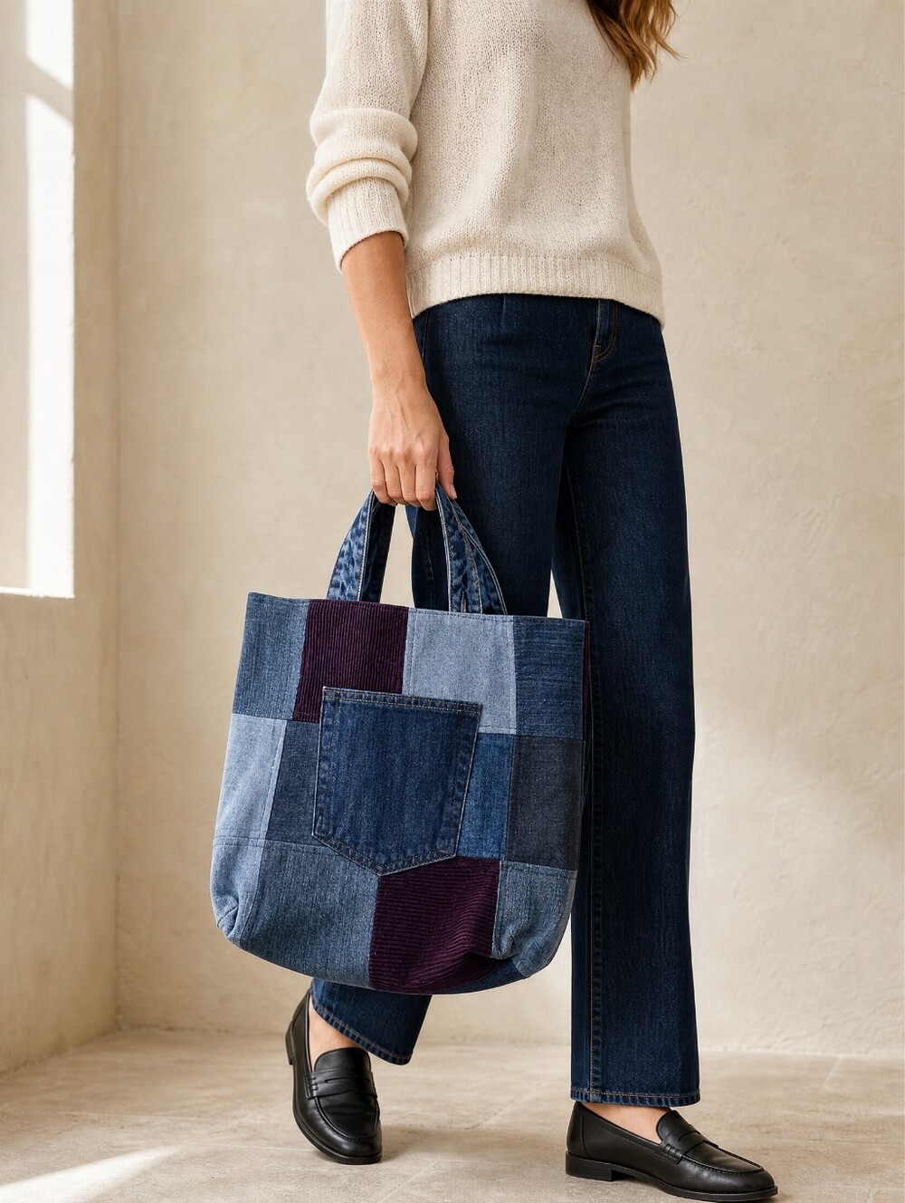 Denim patchwork tote bag